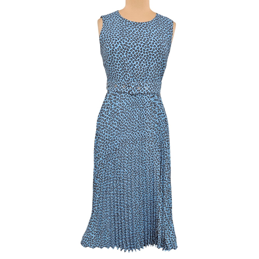 T Tahari Blue Black‎ Paisley Belted Pleated Midi Dress Size 10 Career Mobwife